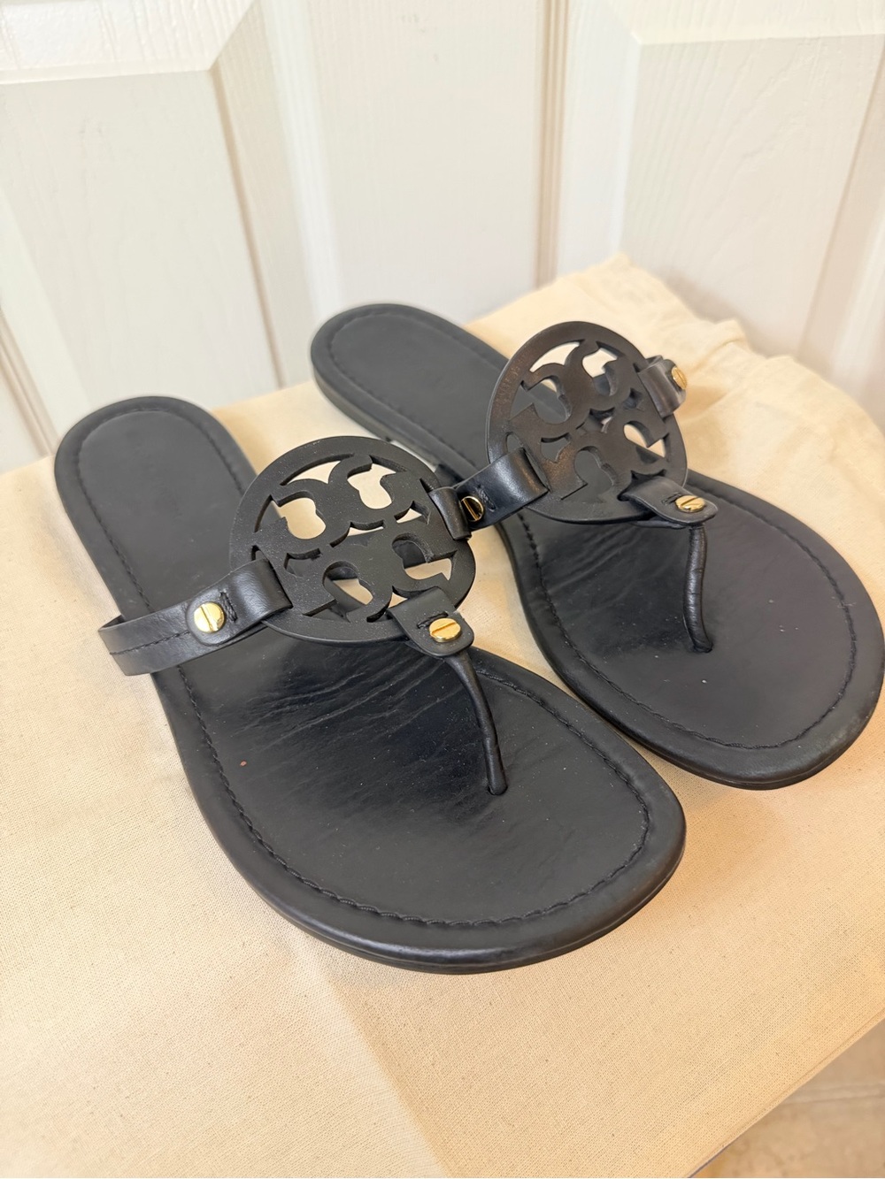 Tory Burch Black Miller Logo Thong Sandals with Gold Studs in Great Condition!!